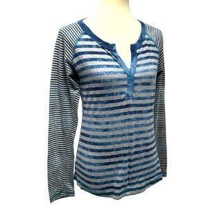 Prana able & Gray Striped Split Neck Cotton Blend Long Sleeve Pullover Medium